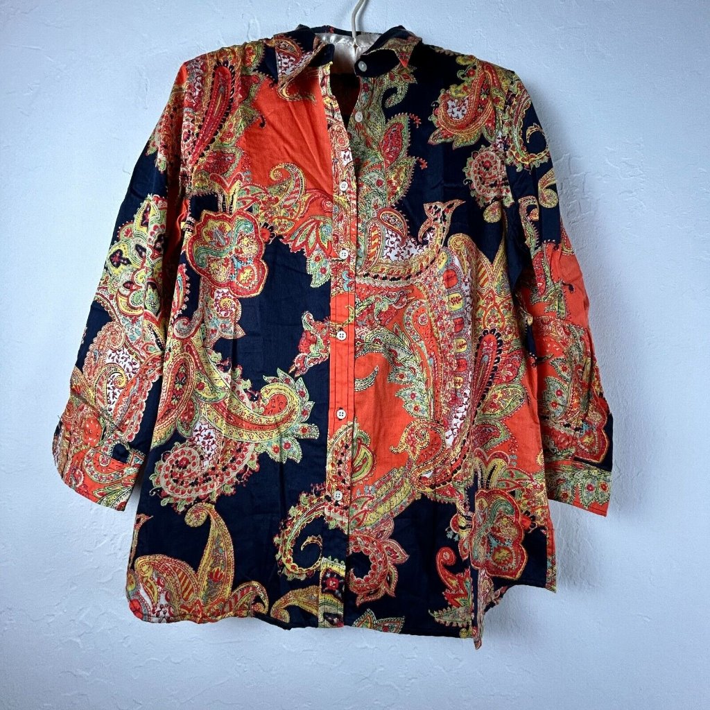 Lauren Ralph Lauren Women's Paisley Button Down Shirt Black Orange Size Medium